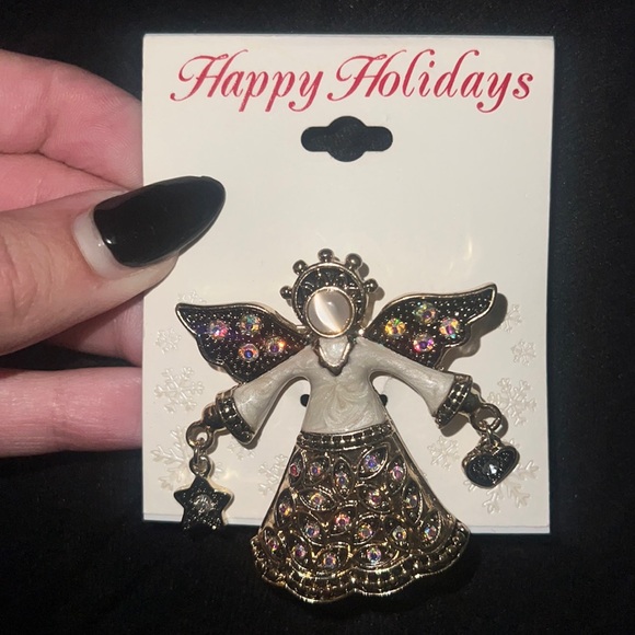 Rhinestone Angel Holiday Christmas Brooch Pin - Picture 1 of 4